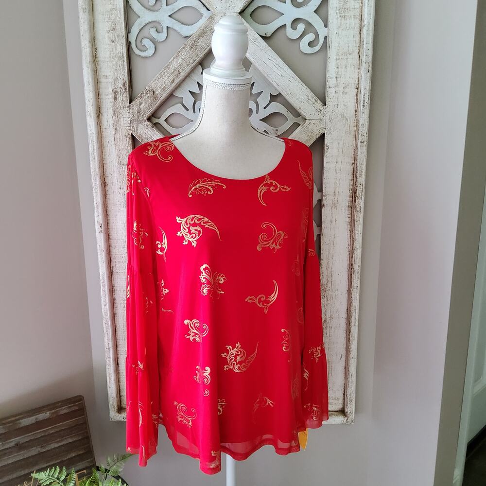 Ruby Rd Women's Scroll Foil Print Bell Sleeve Blouse Top in Lipstick Red & Gold